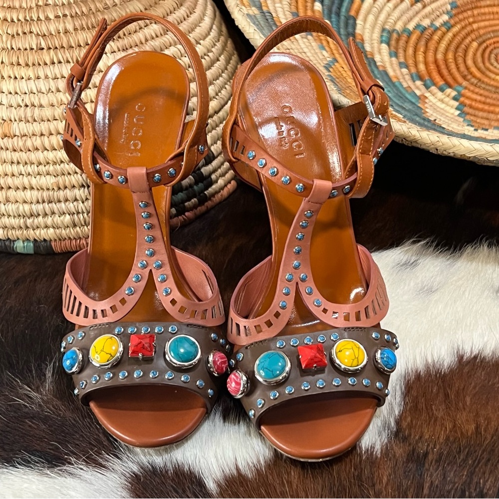 ✅ GUCCI 💯 AUTHENTIC Leather Sandals Size 37 1/2 (6.5) - Picture 8 of 10